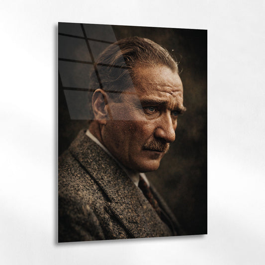 Atatürk Yandan Bakış Derin Duygulu Portre Cam Tablo