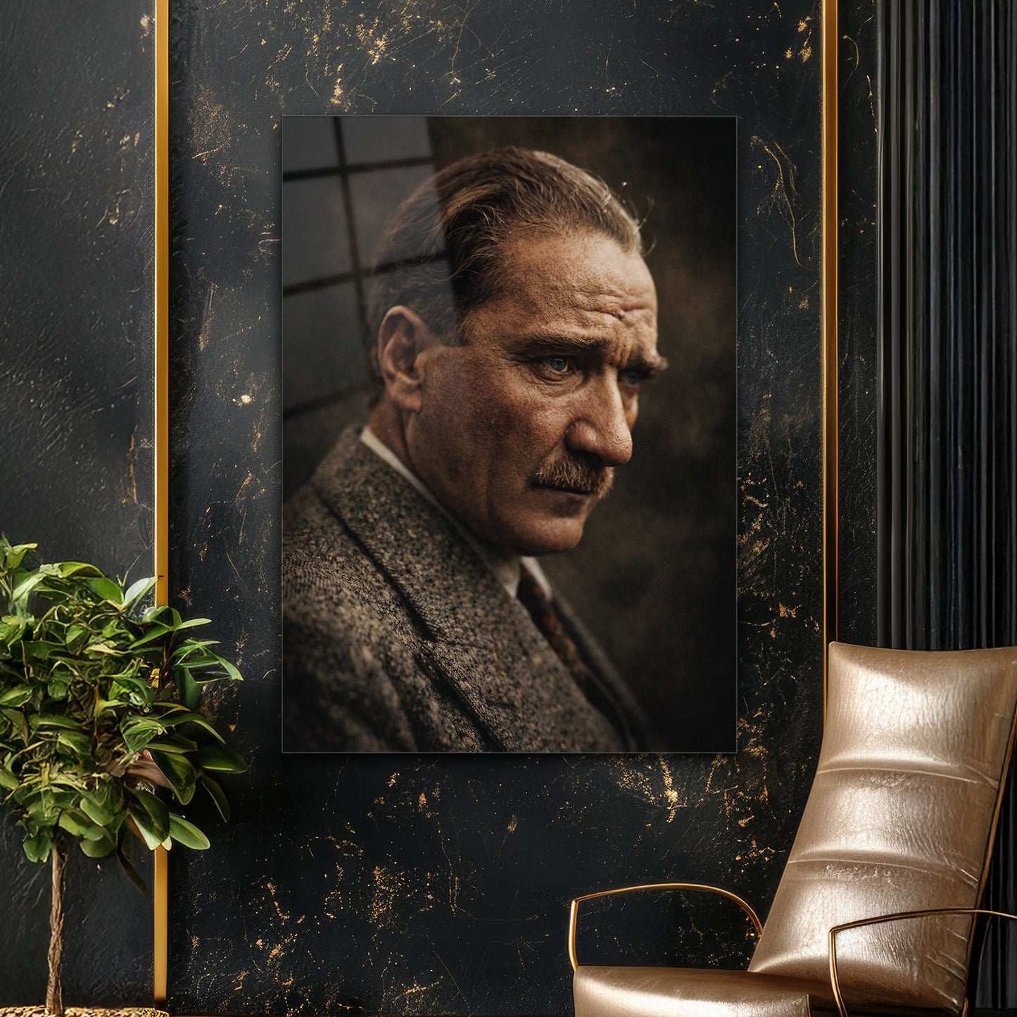 Atatürk Yandan Bakış Derin Duygulu Portre Cam Tablo