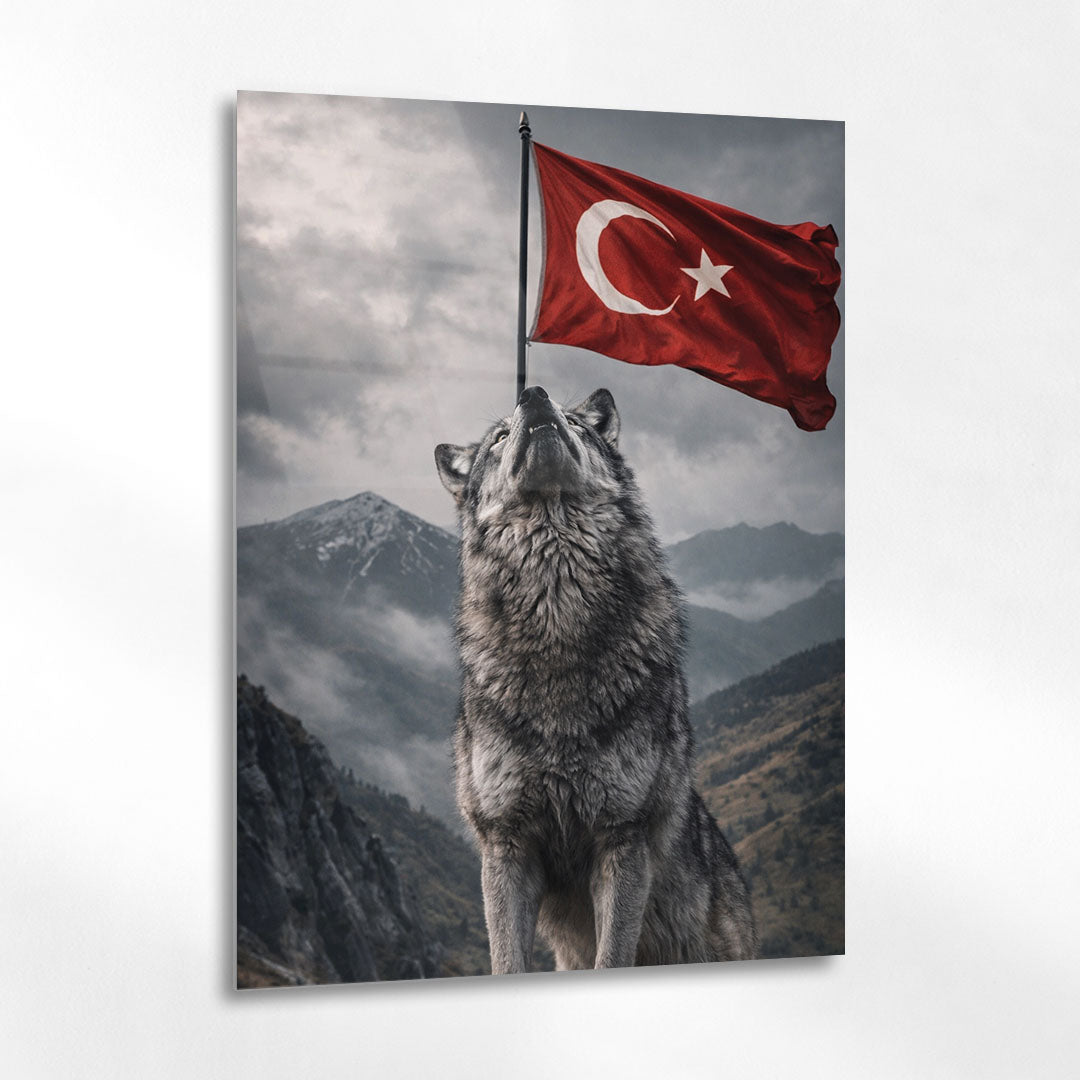 Türk Bayrağı Altında Kurt Dağ Manzara Cam Tablo