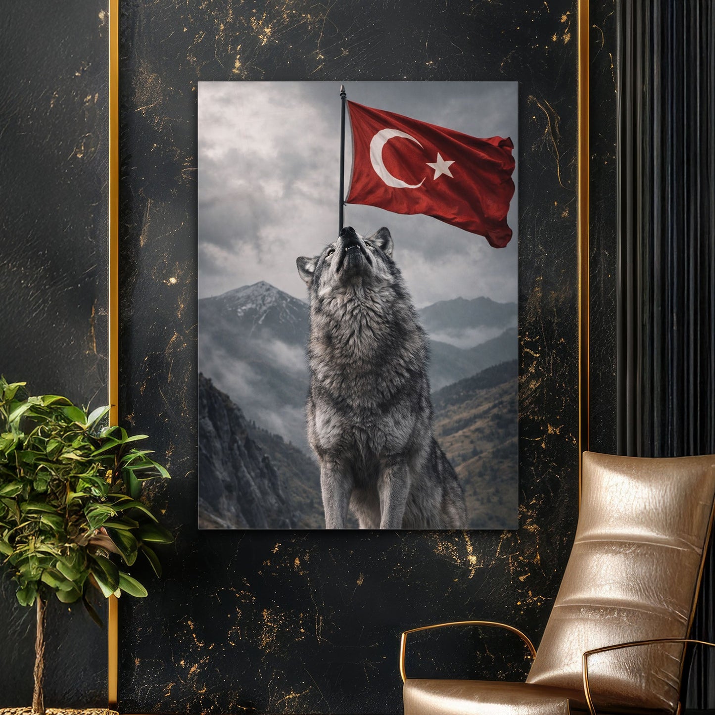 Türk Bayrağı Altında Kurt Dağ Manzara Cam Tablo