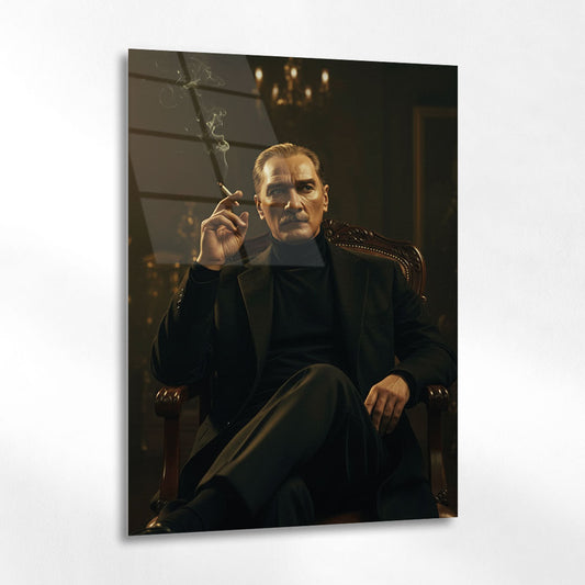 Atatürk Sigara İçen Klasik Salon Portre Cam Tablo