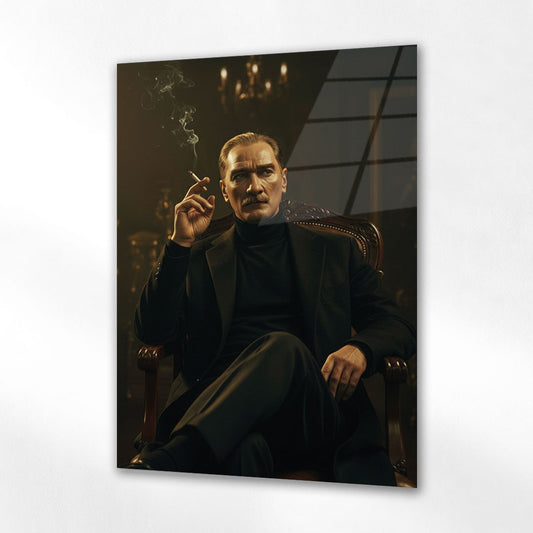 Atatürk Sigara İçen Klasik Salon Portre Cam Tablo