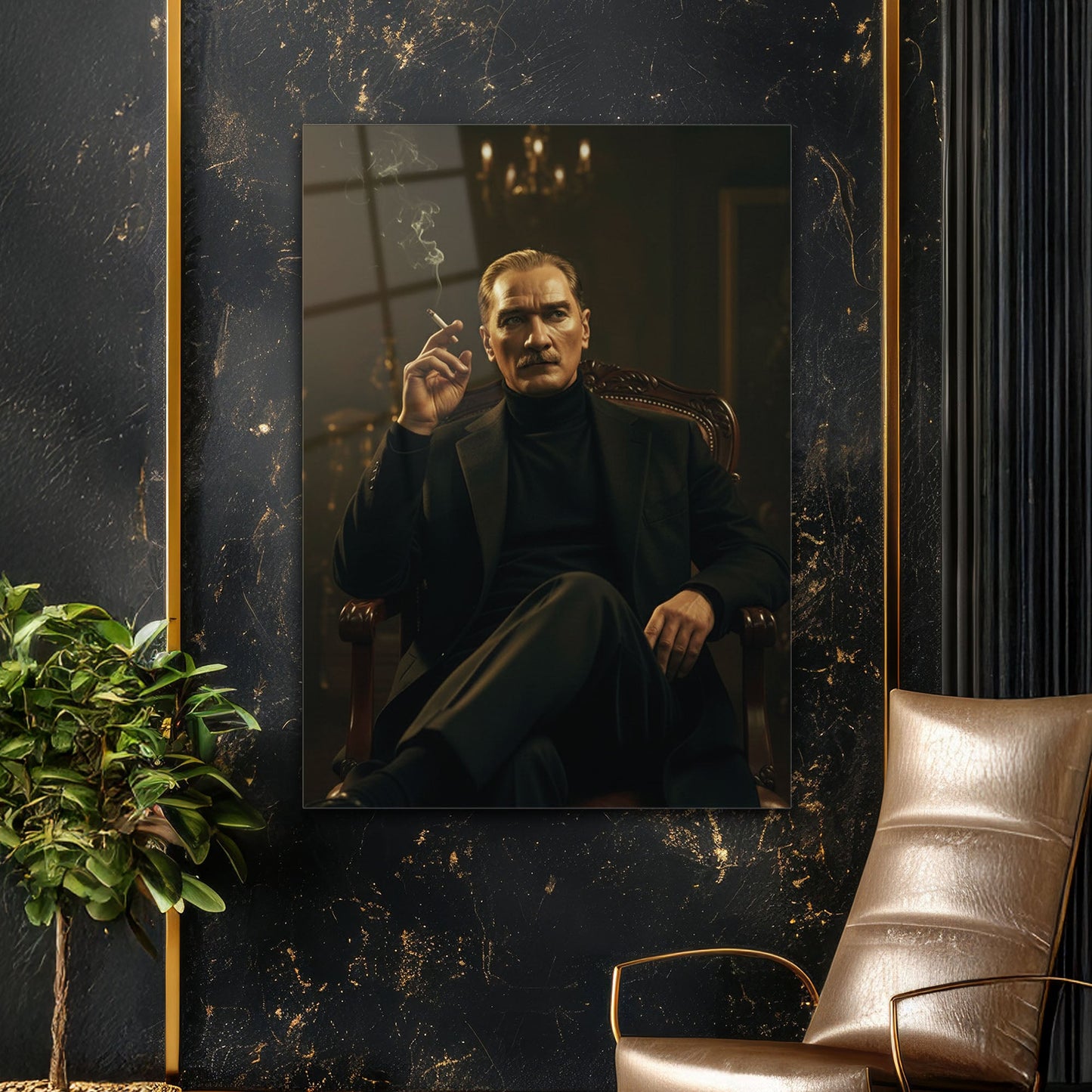 Atatürk Sigara İçen Klasik Salon Portre Cam Tablo