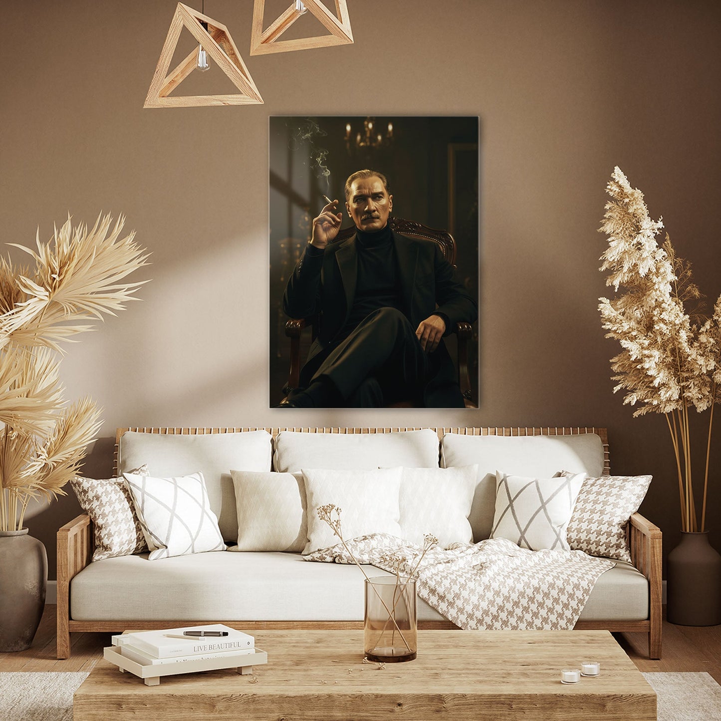 Atatürk Sigara İçen Klasik Salon Portre Cam Tablo