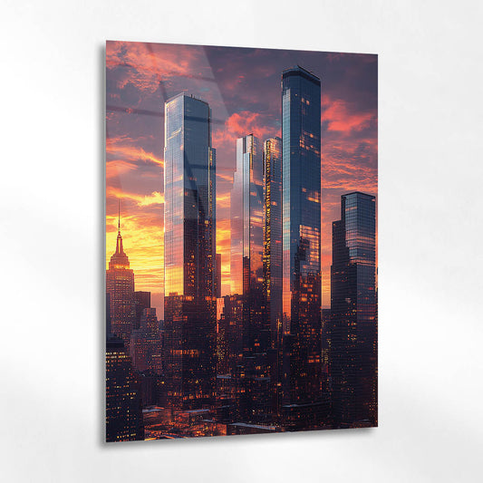 New York Modern Gökdelenler Gün Batımı Cam Tablo
