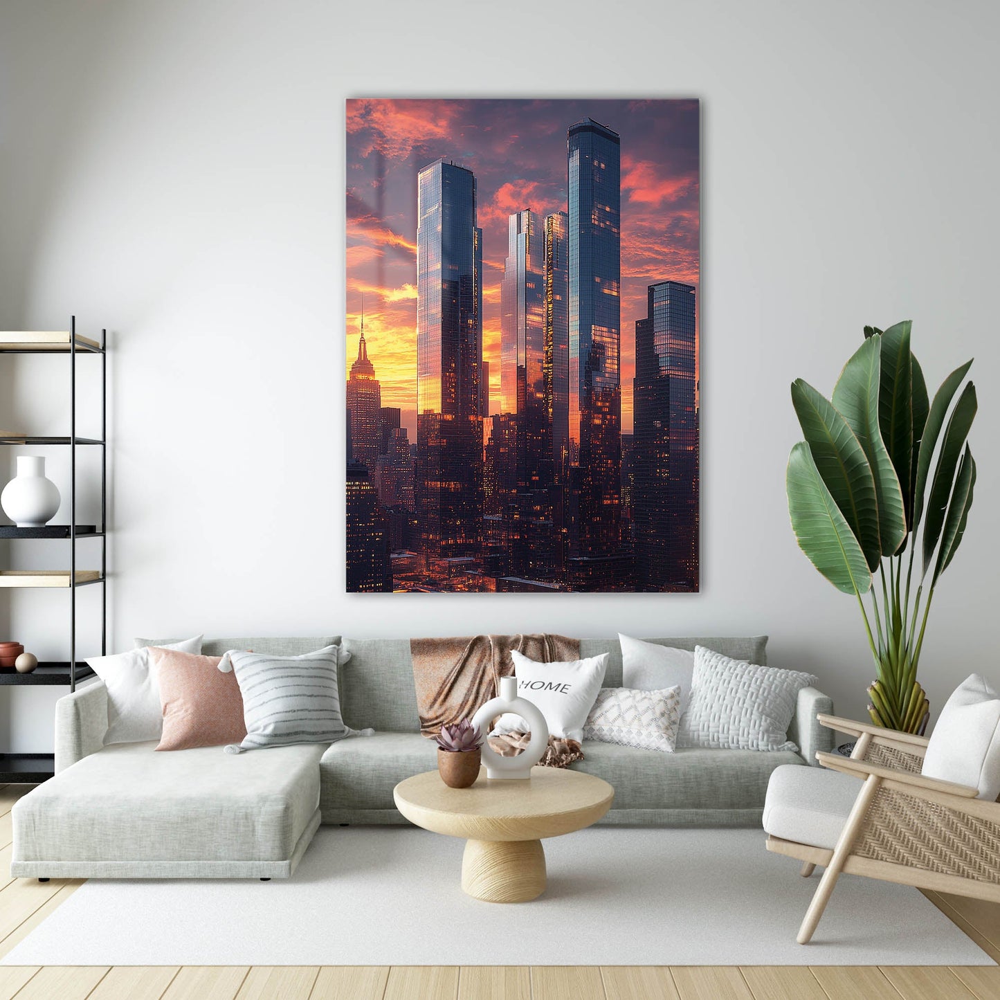 New York Modern Gökdelenler Gün Batımı Cam Tablo