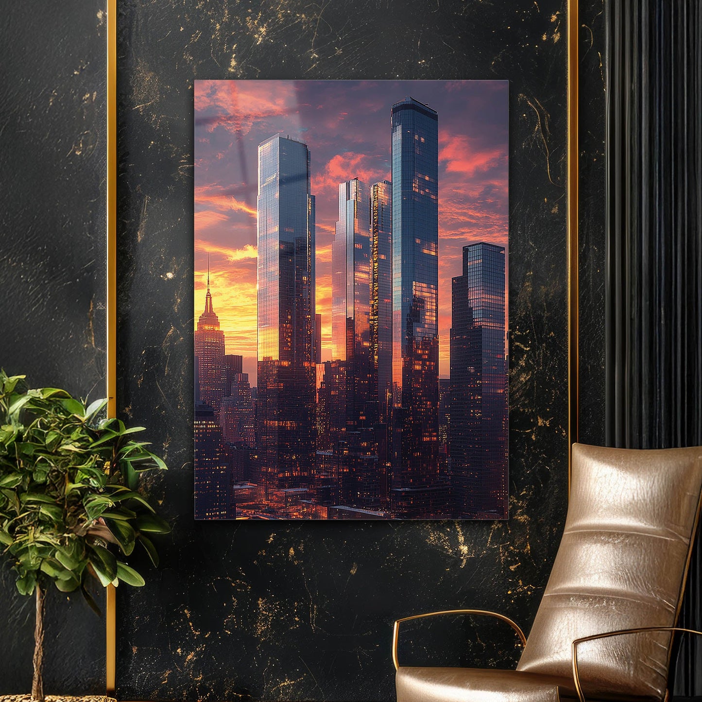 New York Modern Gökdelenler Gün Batımı Cam Tablo