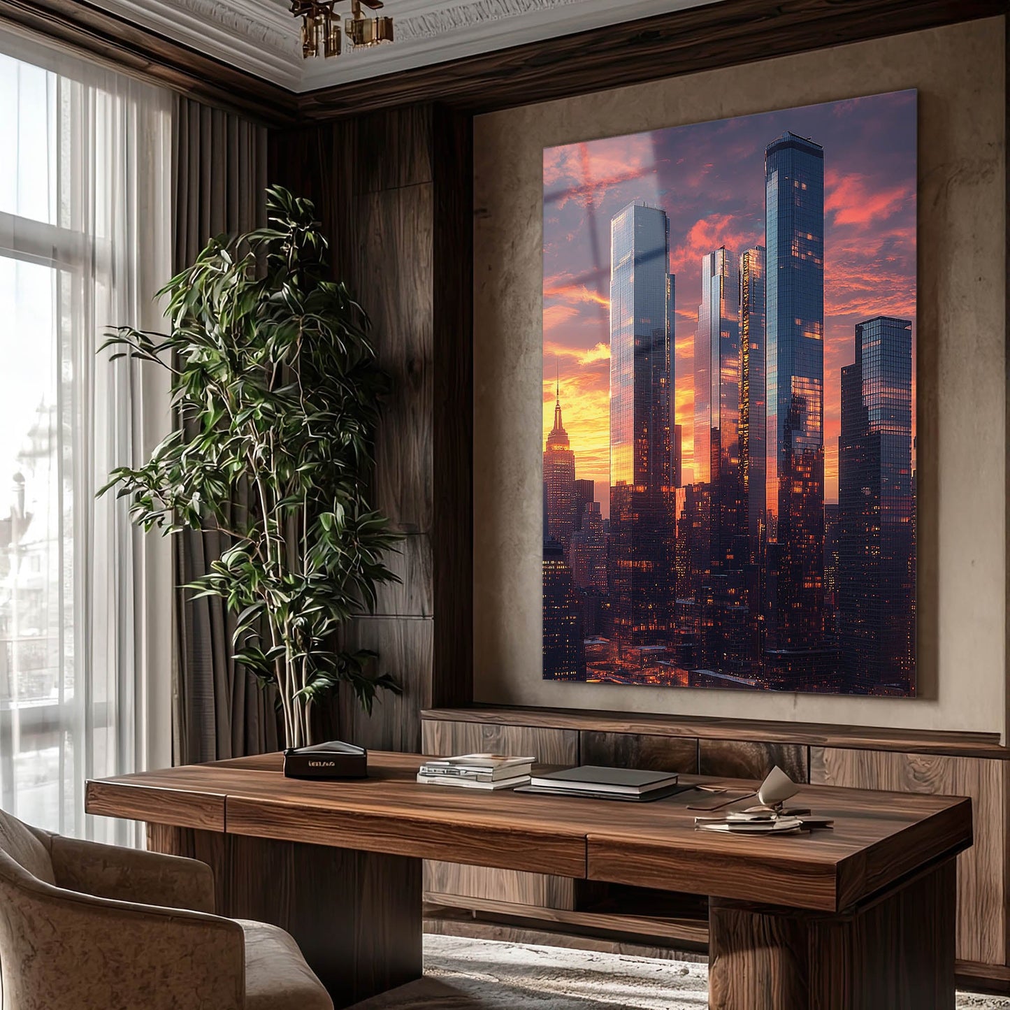 New York Modern Gökdelenler Gün Batımı Cam Tablo