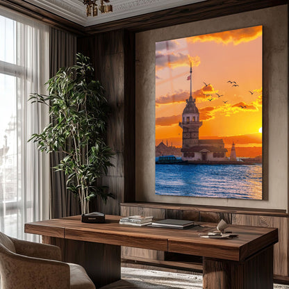 Kız Kulesi Gün Batımı İstanbul Manzara Cam Tablo