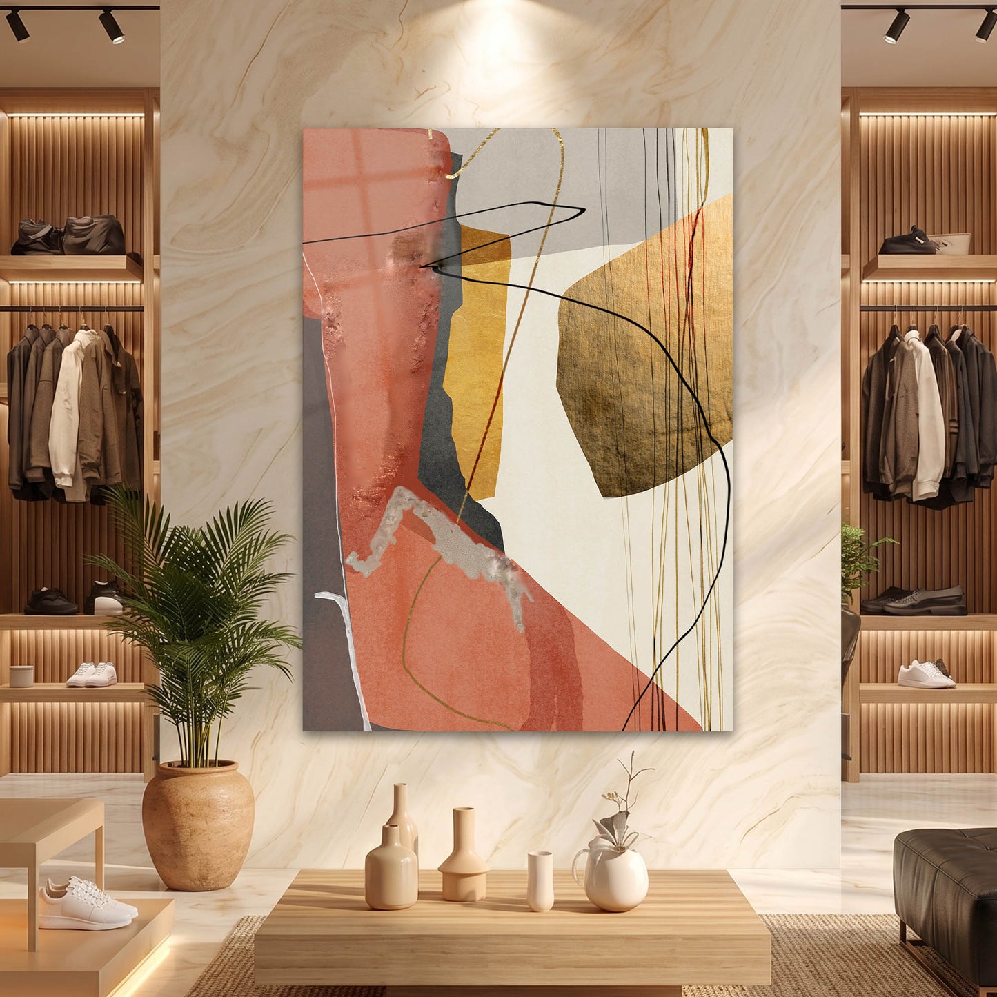 Kiremit Tonlu İnce Çizgisel Soyut Cam Tablo