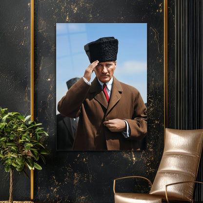 Mustafa Kemal Atatürk Selam Duruşu Klasik Cam Tablo