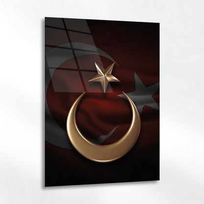 Türk Bayrağı Hilal Yıldız Altın Sembol Cam Tablo