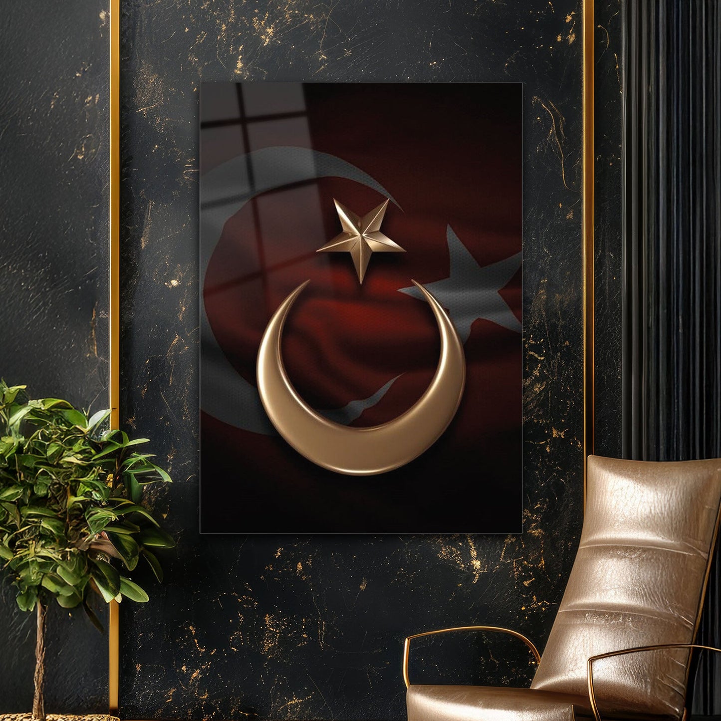 Türk Bayrağı Hilal Yıldız Altın Sembol Cam Tablo