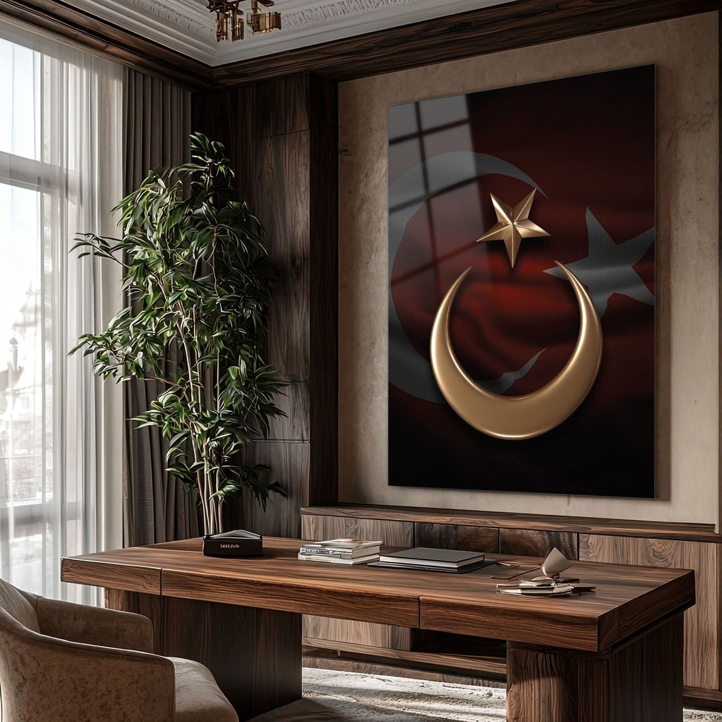 Türk Bayrağı Hilal Yıldız Altın Sembol Cam Tablo