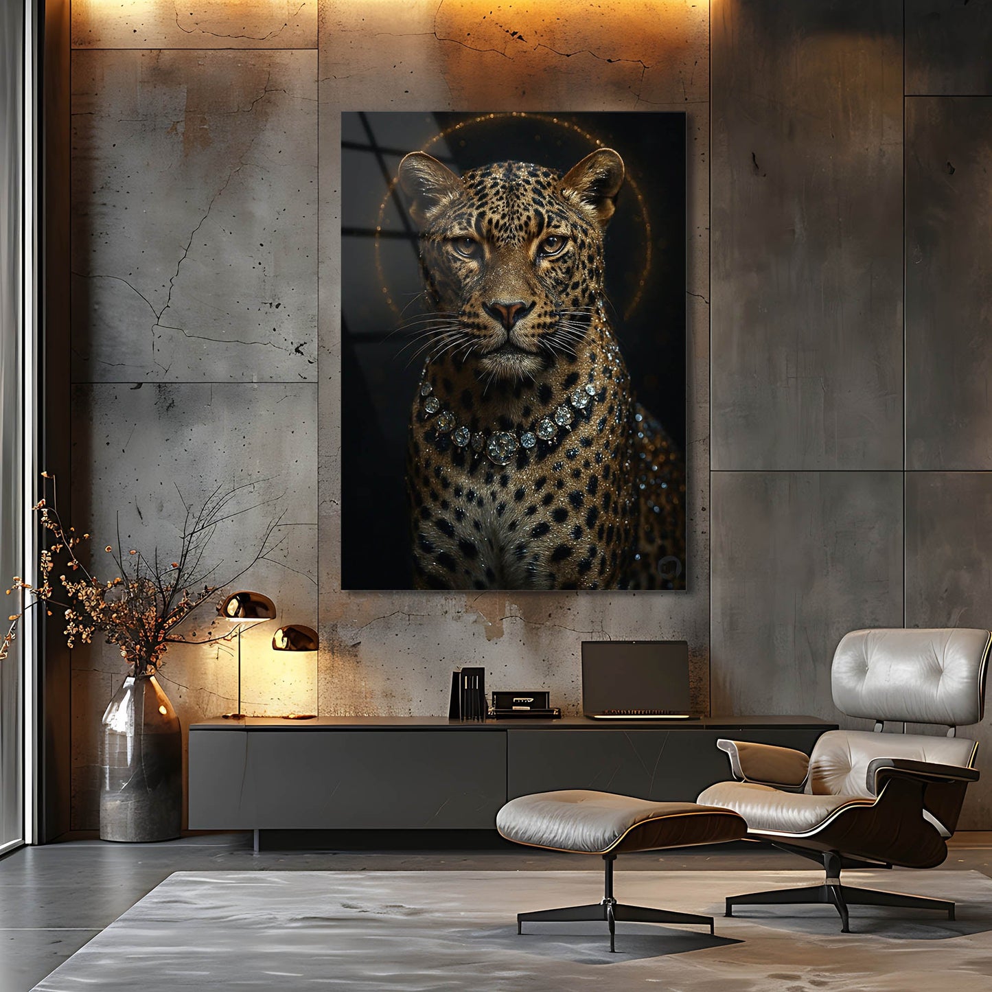 Lüks Leopar Taçlı Takı Detaylı Cam Tablo