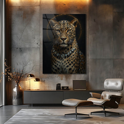Lüks Leopar Taçlı Takı Detaylı Cam Tablo