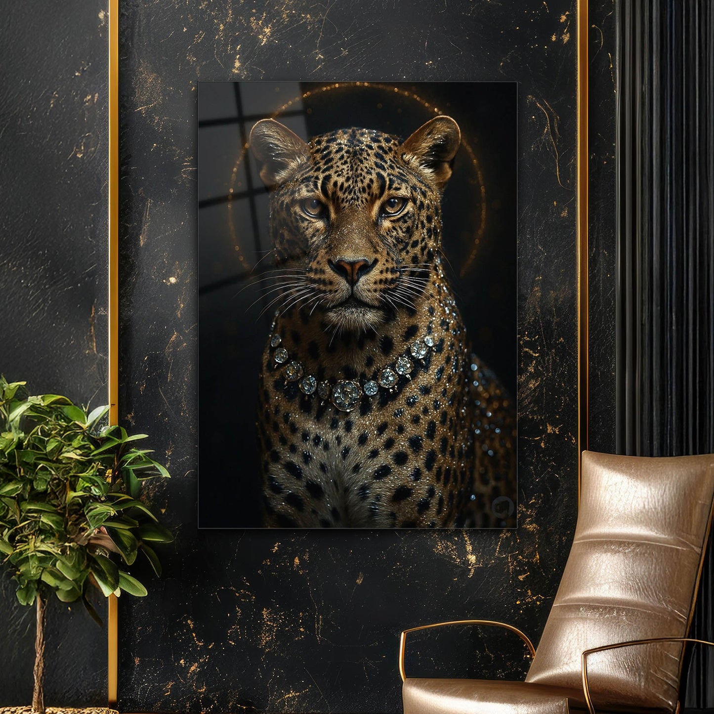 Lüks Leopar Taçlı Takı Detaylı Cam Tablo
