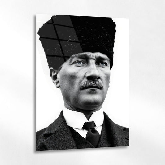 Mustafa Kemal Atatürk Siyah Beyaz Klasik Portre Cam Tablo