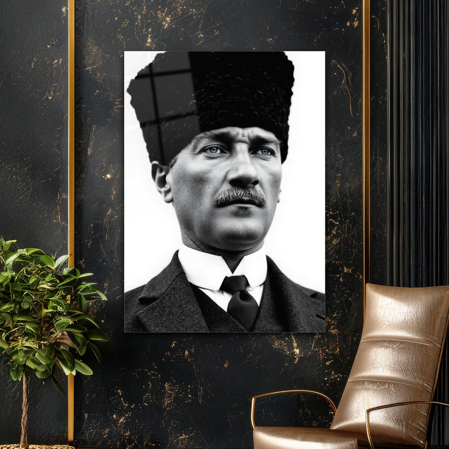 Mustafa Kemal Atatürk Siyah Beyaz Klasik Portre Cam Tablo