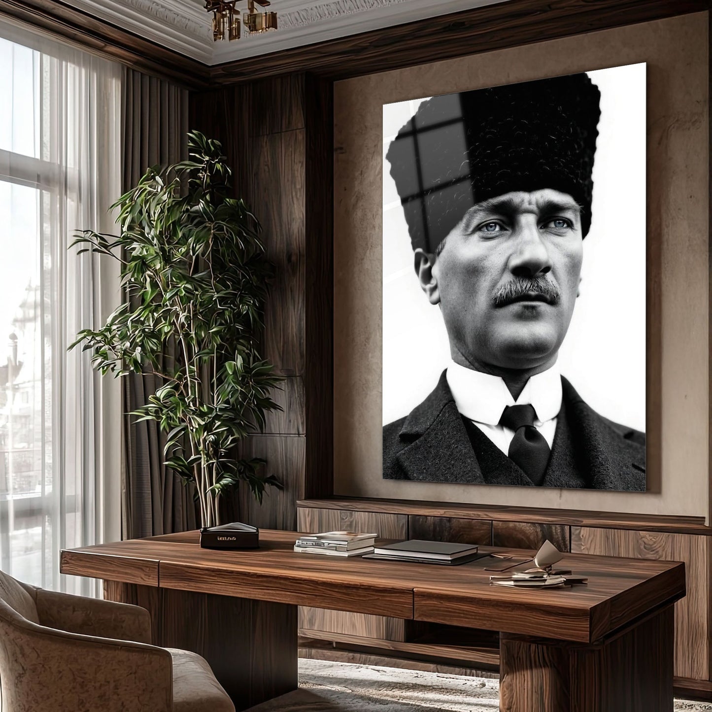Mustafa Kemal Atatürk Siyah Beyaz Klasik Portre Cam Tablo