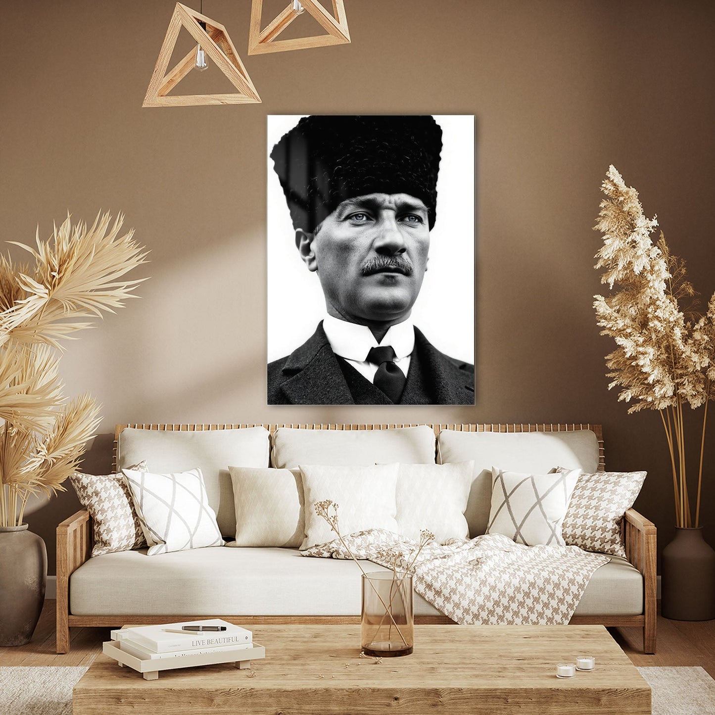 Mustafa Kemal Atatürk Siyah Beyaz Klasik Portre Cam Tablo