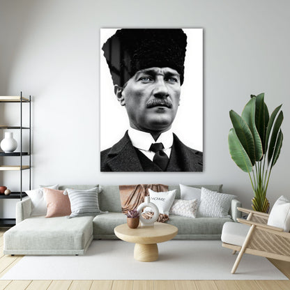 Mustafa Kemal Atatürk Siyah Beyaz Klasik Portre Cam Tablo