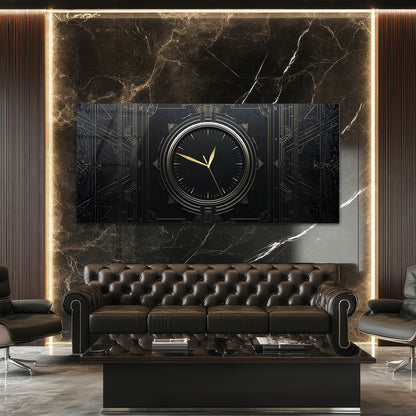 Geometrik Art Deco Tasarım Siyah Altın Cam Saatli Tablo 4 mm