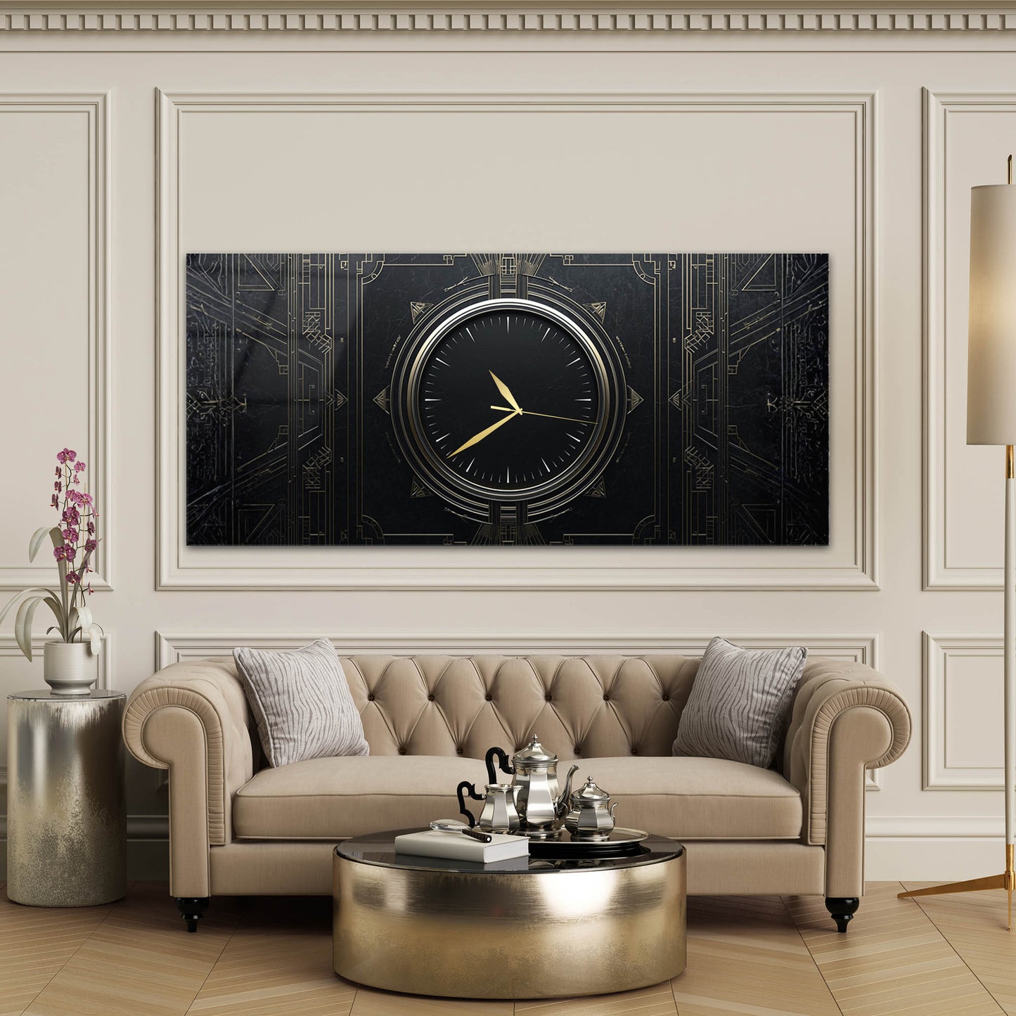 Geometrik Art Deco Tasarım Siyah Altın Cam Saatli Tablo 4 mm