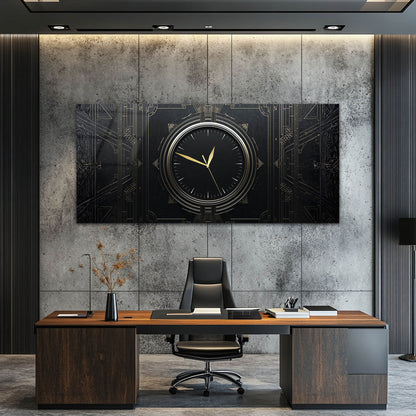 Geometrik Art Deco Tasarım Siyah Altın Cam Saatli Tablo 4 mm