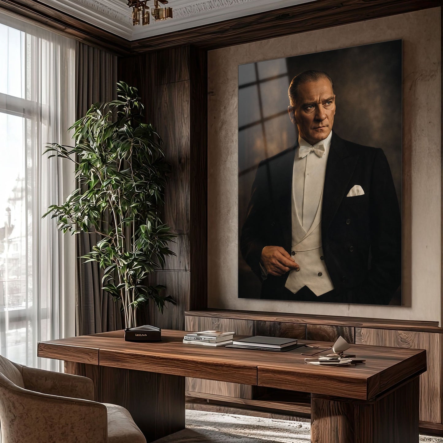 Mustafa Kemal Atatürk Smokinli Resmi Portre Cam Tablo