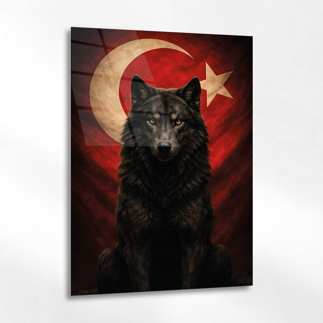 Türk Bayrağı Önünde Kurt Güç Simgesi Cam Tablo