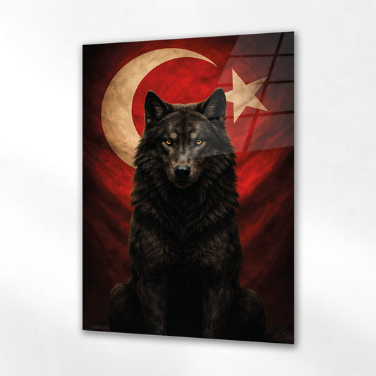 Türk Bayrağı Önünde Kurt Güç Simgesi Cam Tablo
