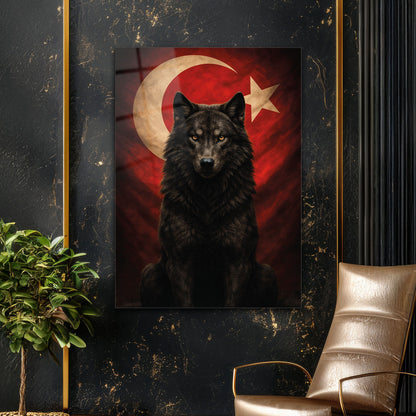 Türk Bayrağı Önünde Kurt Güç Simgesi Cam Tablo