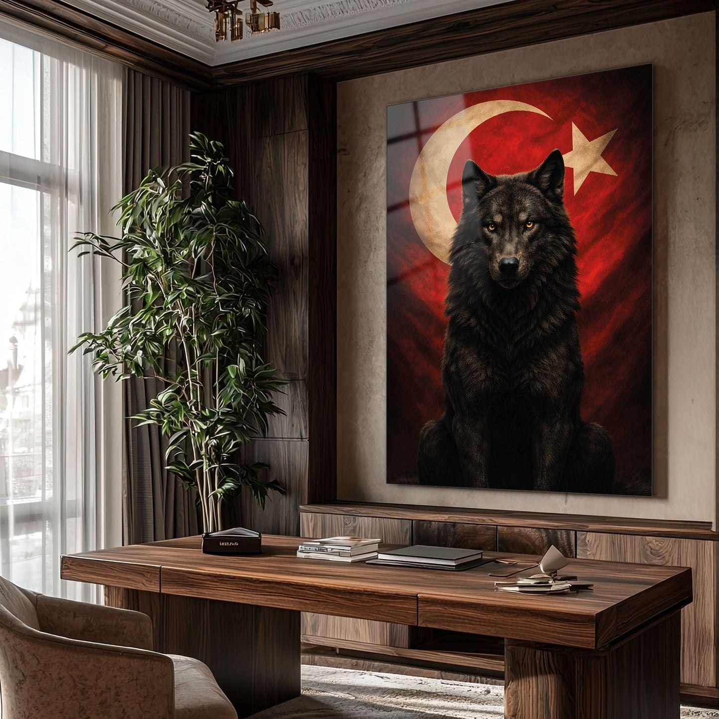 Türk Bayrağı Önünde Kurt Güç Simgesi Cam Tablo