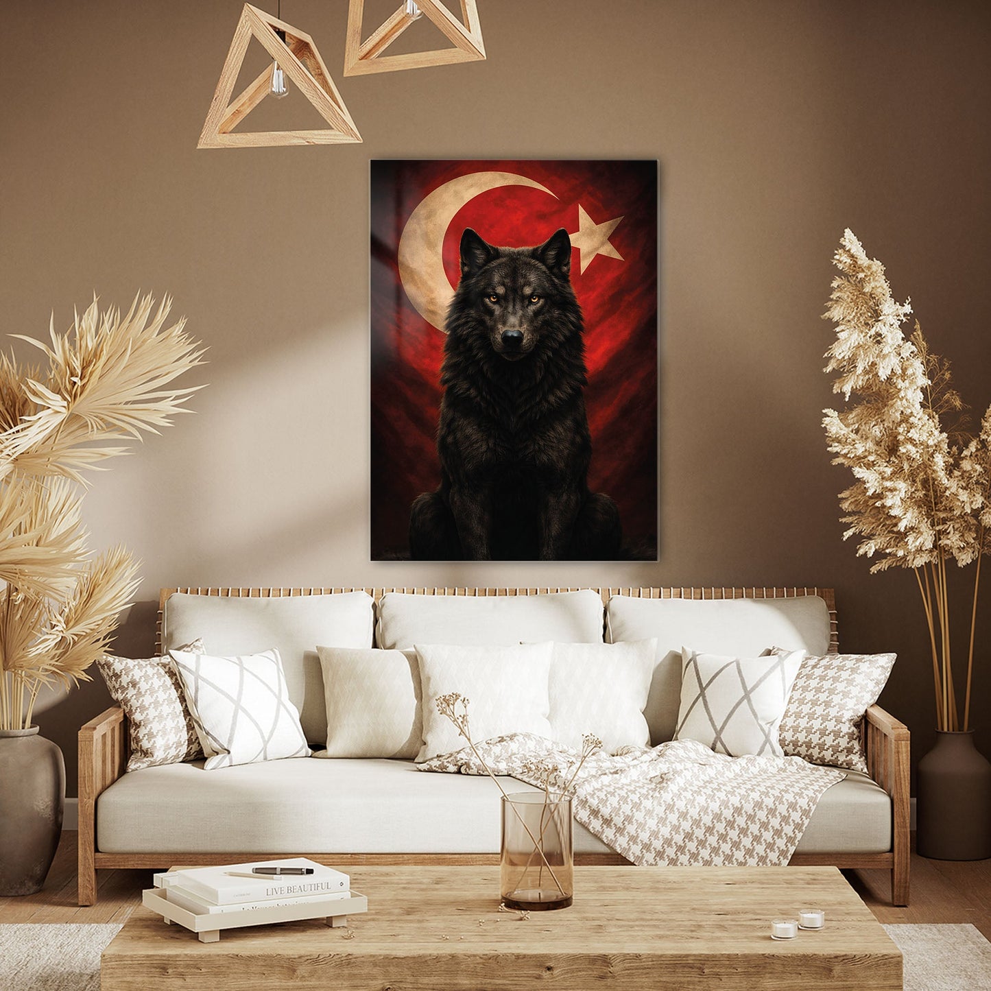 Türk Bayrağı Önünde Kurt Güç Simgesi Cam Tablo