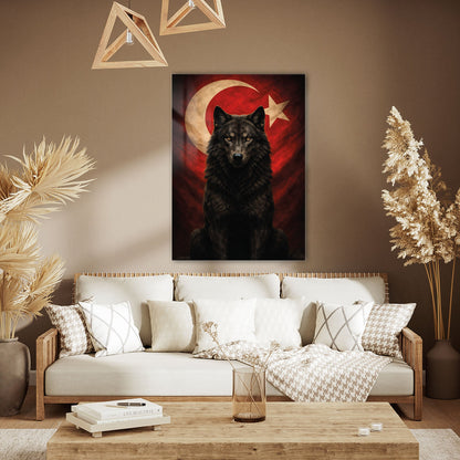 Türk Bayrağı Önünde Kurt Güç Simgesi Cam Tablo