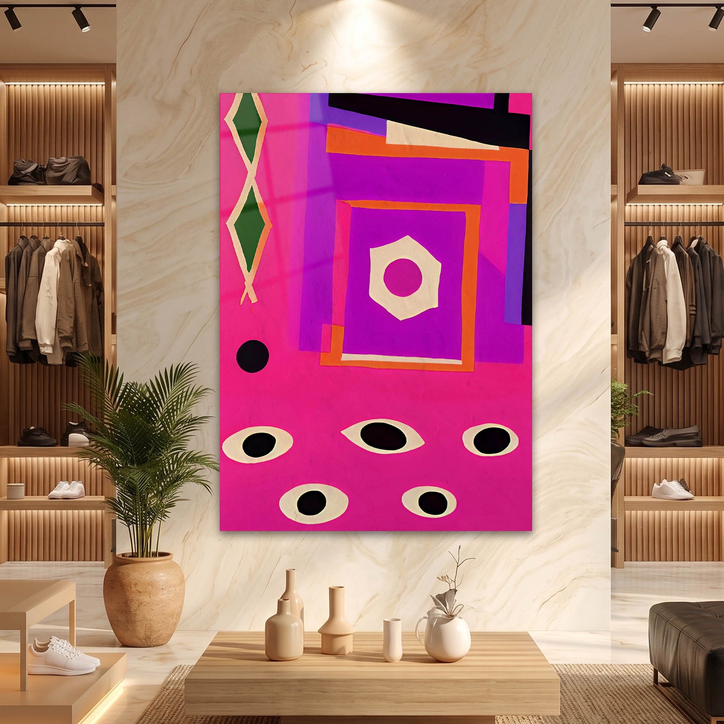 Canlı Pembe Zeminde Kübik Göz Motifli Cam Tablo