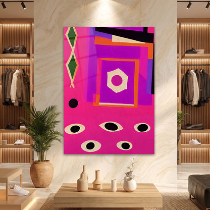 Canlı Pembe Zeminde Kübik Göz Motifli Cam Tablo