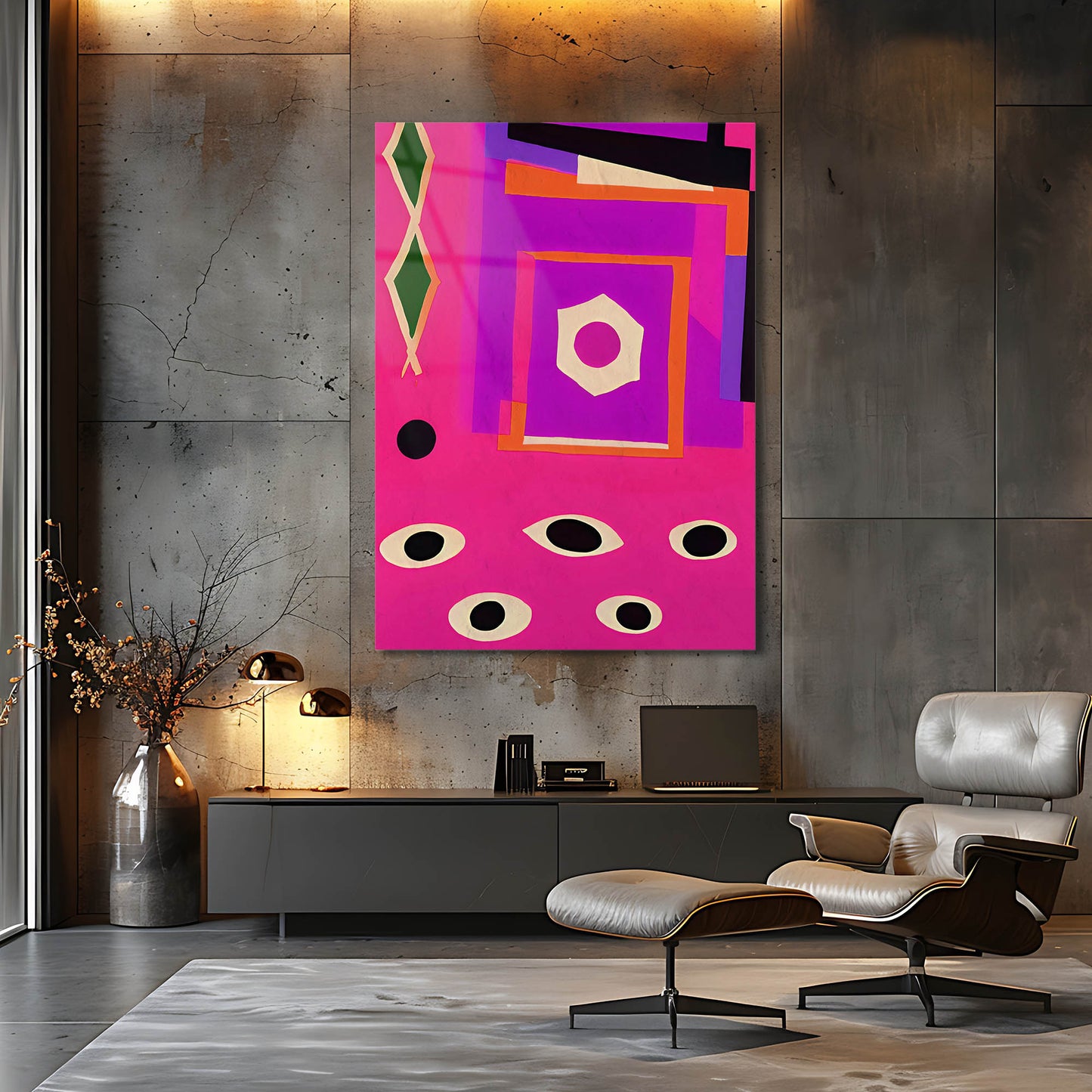 Canlı Pembe Zeminde Kübik Göz Motifli Cam Tablo