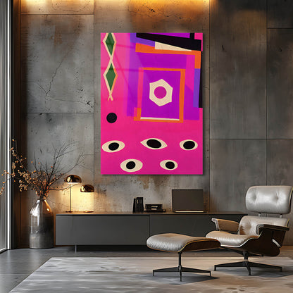 Canlı Pembe Zeminde Kübik Göz Motifli Cam Tablo