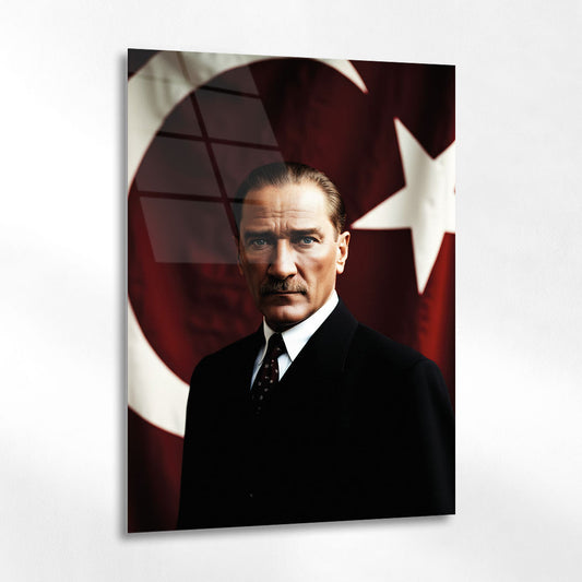 Mustafa Kemal Atatürk Türk Bayrağı Önünde Resmi Portre Cam Tablo