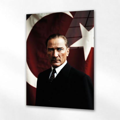 Mustafa Kemal Atatürk Türk Bayrağı Önünde Resmi Portre Cam Tablo