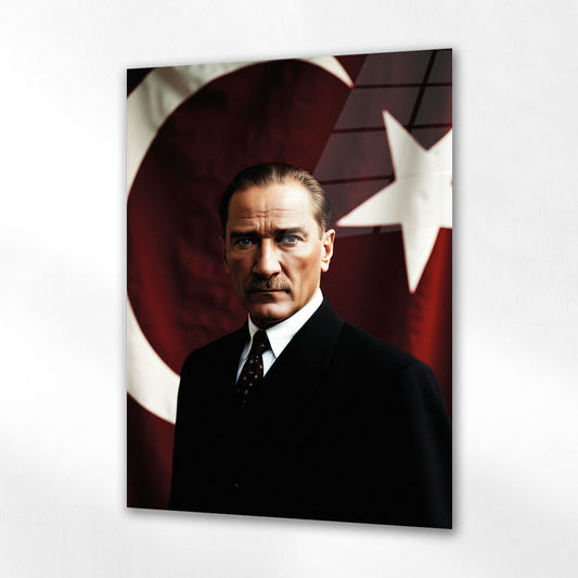 Mustafa Kemal Atatürk Türk Bayrağı Önünde Resmi Portre Cam Tablo