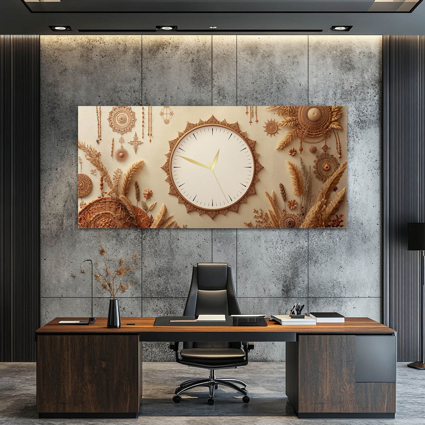 Boho Tarzı Tüy Ve Doğal Dokulu Cam Saatli Tablo 4 mm