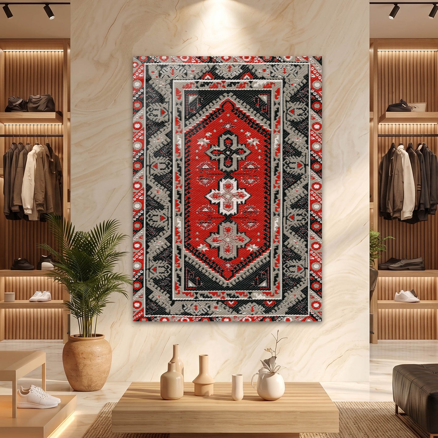 Klasik Kırmızı Türk Kilimi Motifli Cam Tablo