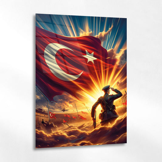 Türk Askeri ve Bayrak Epik Savaş Sahnesi Cam Tablo