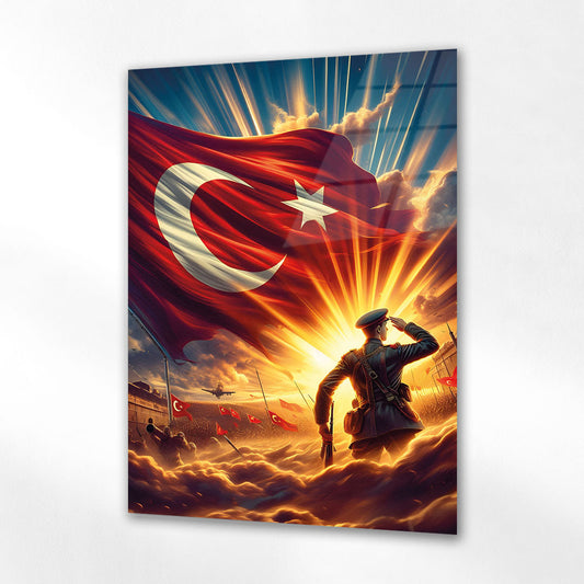 Türk Askeri ve Bayrak Epik Savaş Sahnesi Cam Tablo