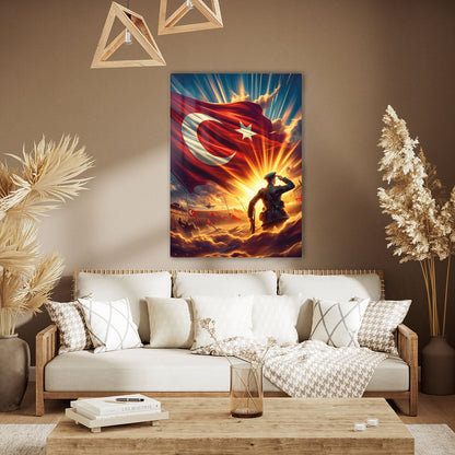 Türk Askeri ve Bayrak Epik Savaş Sahnesi Cam Tablo