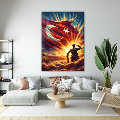Türk Askeri ve Bayrak Epik Savaş Sahnesi Cam Tablo