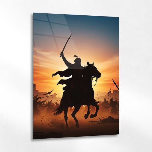 Atlı Türk Savaşçısı Günbatımı Epik Cam Tablo